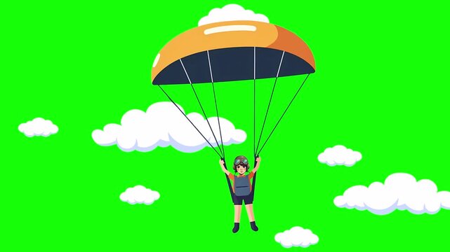 Boy on a yellow parachute, imitation of flight against the background of  white clouds, cartoon style, isolated on green screen, chroma key, footage, mockup, loop