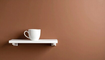 White ceramic cup of latte art sits on a small, white wall-mounted shelf against a brown wall