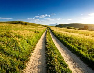 Fototapeta premium Sunlit country road through golden fields