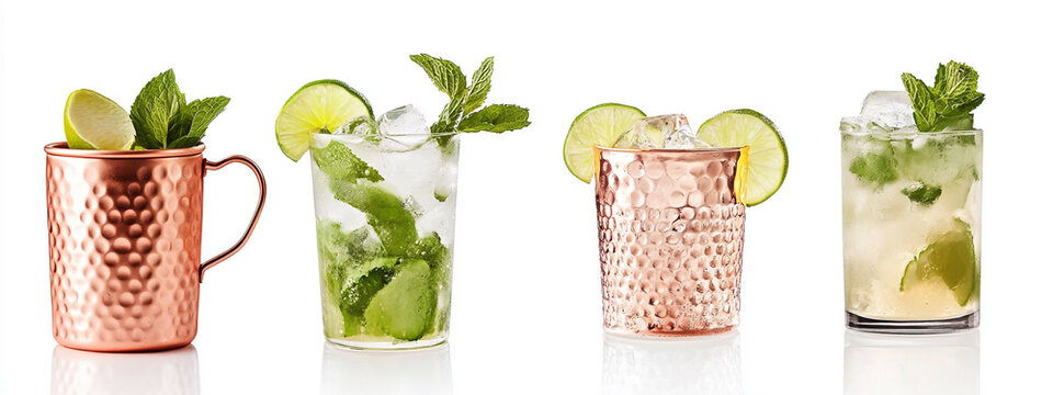 Four different mojitos served in copper mugs, one garnished with mint and lemon