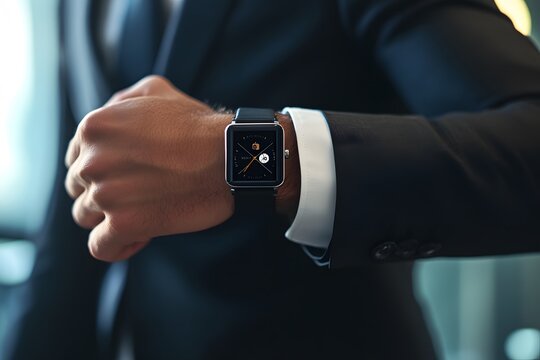 "Smartwatch displays calendar alert—modern businessman on the move, confident and optimally prepared for the day."