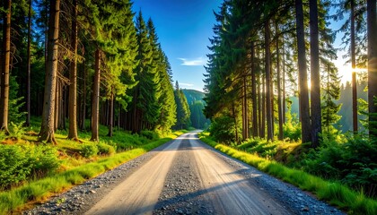 Obraz premium Sunlit forest road. Sunlight streams through a dense coniferous forest, illuminating a gravel road that stretches into the distance. 