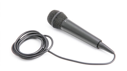 A black microphone with a long cable on a white background, a product photo