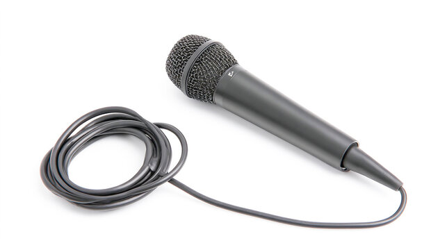 A black microphone with a long cable on a white background, a product photo