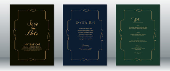 Modern wedding invitation trio featuring Save the Date, Invitation, and Menu cards. Decorated with minimal gold line frames on black, navy blue, and emerald-green backgrounds. 