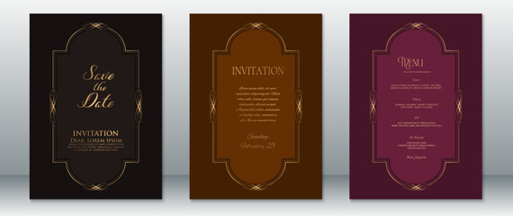 Stylish wedding invitation set featuring Save the Date, Invitation, and Menu cards. Decorated with intricate gold frames and deep color backgrounds: black, dark brown, and burgundy.