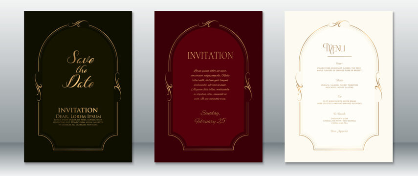 Elegant wedding card trio featuring Save the Date, Invitation, and Menu designs. Adorned with vintage gold arch frames on black, burgundy, and cream backgrounds. 