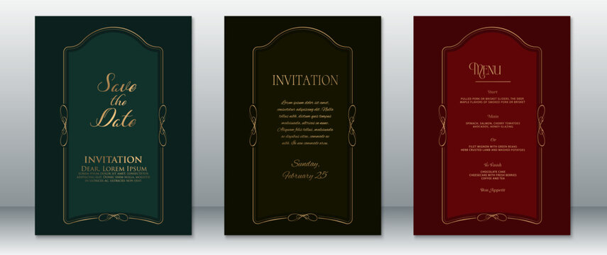 Luxurious wedding card trio with Save the Date, Invitation, and Menu templates. Features tall vintage-style gold frames on rich dark green, black, and maroon backgrounds.