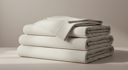 Stack of crisp, white bed linens neatly folded on a plain surface in a softly lit bedroom setting