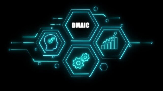 Abstract neon Hud knowledge ability business gear icon Glowing neon line concept. Glowing "DMAIC" button in German on a futuristic, abstract wave technology on black background.