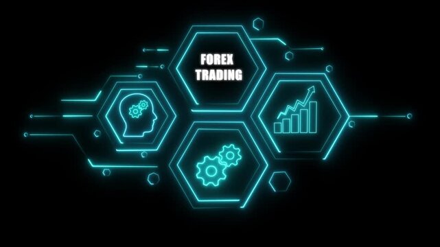 Abstract neon Hud knowledge ability business gear icon Glowing neon line concept. Glowing "FOREX TRADING" button in German on a futuristic, abstract wave technology on black background.