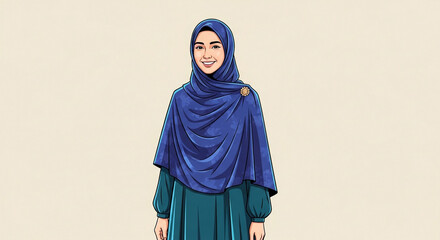 Illustration of a smiling woman wearing a blue hijab and a green dress on a light background