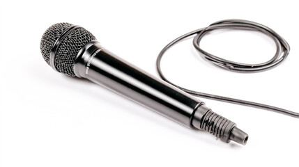 A black microphone with a long cable on a white background, a product photo