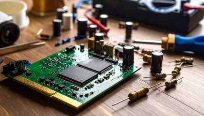 Close-up of a green circuit board with components, surrounded by tools and electronic parts on a wooden surface.