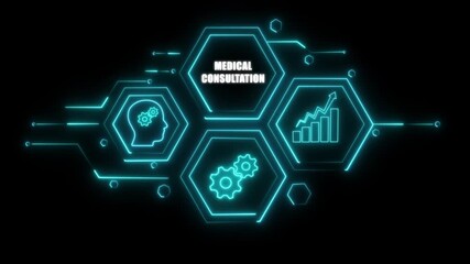 Abstract neon Hud knowledge ability business gear icon Glowing neon line concept. Glowing "MEDICAL CONSULTATION" button in German on a futuristic, abstract wave technology on black background. - Powered by Adobe