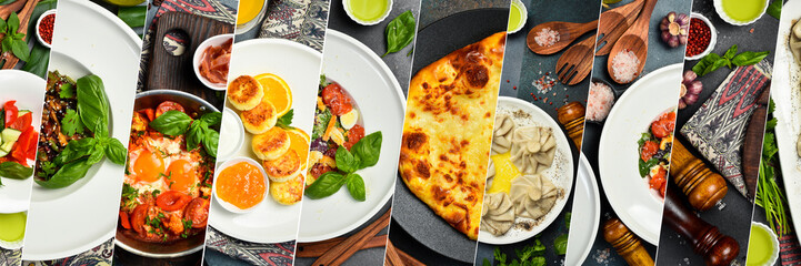 Photo collage. Georgian food on a big stone table with meat, cheese, fresh vegetables and drinks. Top view. Food background.