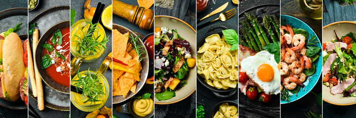 Various gourmet healthy food and drinks, on black slate background, collage menu design, wide...