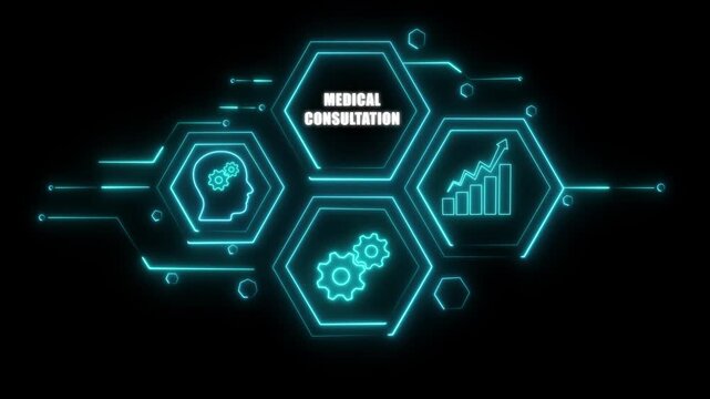 Abstract neon Hud knowledge ability business gear icon Glowing neon line concept. Glowing "MEDICAL CONSULTATION" button in German on a futuristic, abstract wave technology on black background.