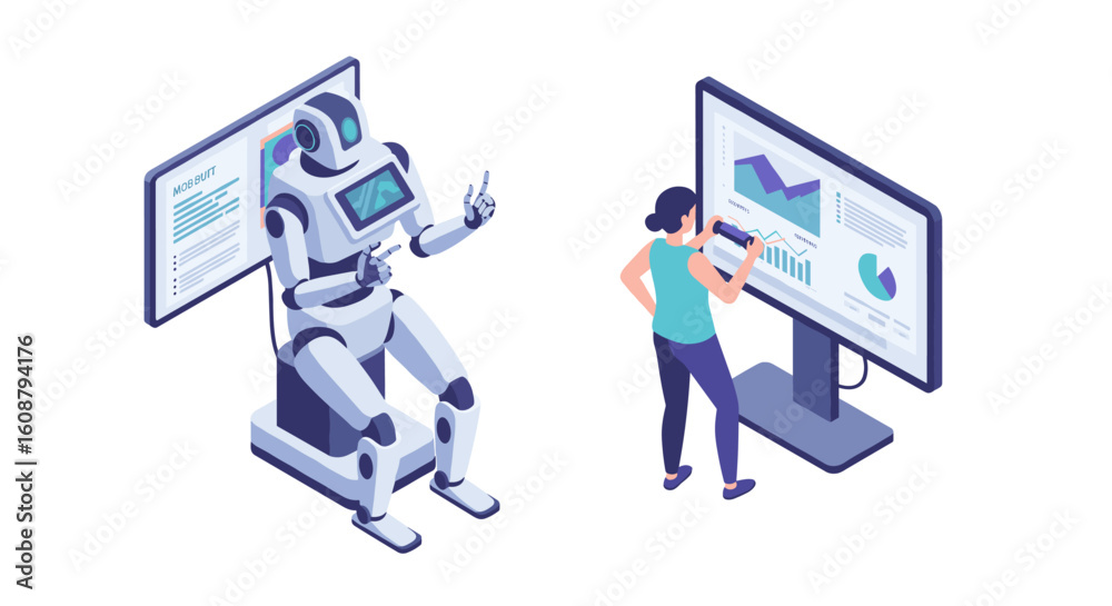 Poster isometric ai robot collaborating with analyst at digital data screen