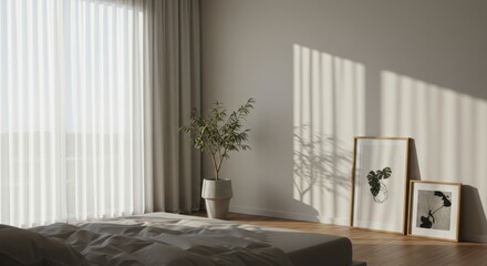 Brightly lit bedroom corner with flowing curtains, potted plant, and minimalist framed artwork casting shadows in warm sunlight