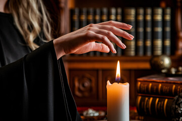 Woman's hand above flickering candle flame. A moment of witchcraft, mystery, and feminine power