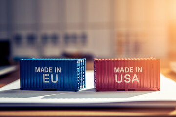 Small cargo shipping containers with text 