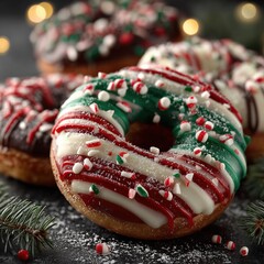 Christmas-Themed Donuts with Red, Green, and White Icing and Candy Cane Sprinkles, Surrounded by Pine Branches and Snowflakes, Festive Holiday Mood for Seasonal Food Content
