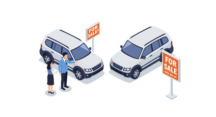 Isometric car sale scene with customers inspecting vehicles