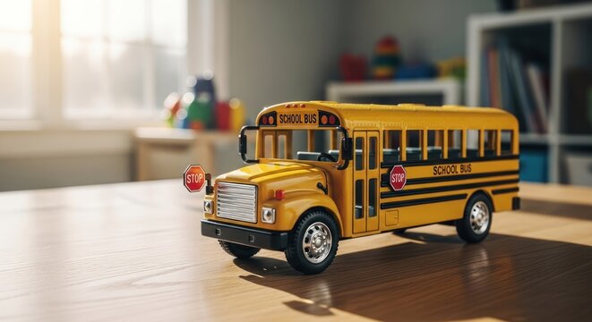 A small yellow school bus sits on a light wooden table in a bright room