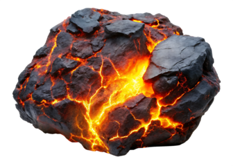 a dark rugged rock with glowing orange and yellow isolated on white background PNG, AI GENERATED