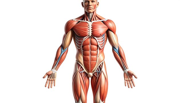 Detailed anatomical rendering of male musculature, frontal view, isolated on white