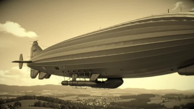 Vintage Airship Flies Over Landscape