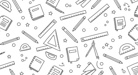 Seamless pattern with school supplies in linear style for educational designs