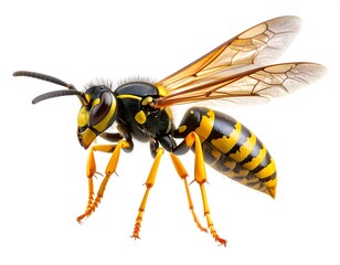 Detailed close-up of a wasp in flight against a white background