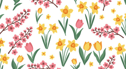 Spring floral pattern with tulips, daffodils, and cherry blossoms in flat style