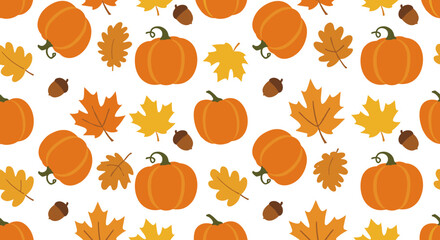 Autumn pattern with pumpkins and leaves on white background