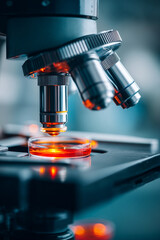 A microscope focused on a slide suggests scientific inquiry and the exploration of the microscopic world.