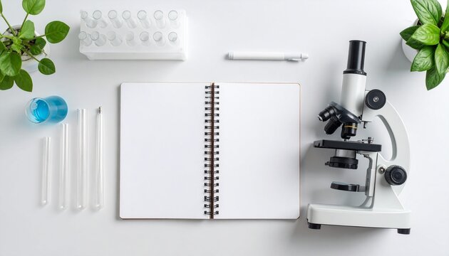 Overhead view of a laboratory setup with microscope, notebook, and plants.