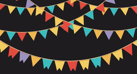 Colorful hanging party banners on dark background for festive celebrations
