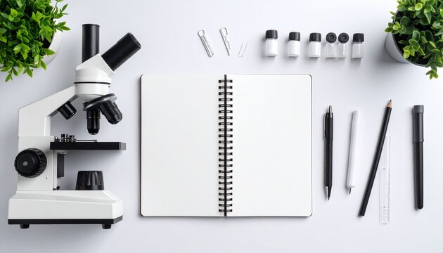 Overhead view of a microscope, open notebook, pens, vials, and plants arranged on a white surface, suggesting scientific research or study.