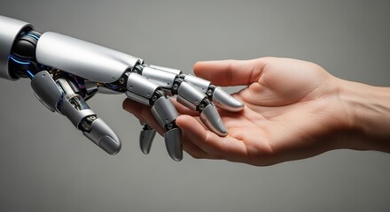 Naklejka premium Robot hand reaching towards a human hand against a neutral background.