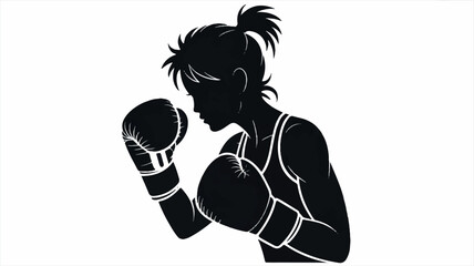 Dynamic black and white silhouette of a female boxer in a powerful fighting stance