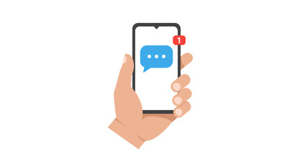 Hand holding smartphone with new message notification in minimalist flat style