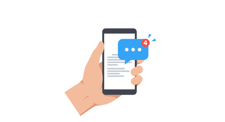 Hand holding smartphone with message notification icon
