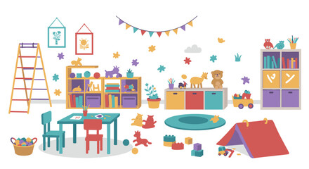 Colorful playroom design with toys and furniture for children's educational spaces