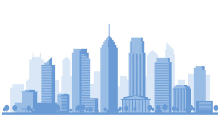 Fototapeta premium Modern blue city skyline with skyscrapers and trees on white background