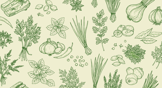 Seamless green herb and spice pattern on beige background for organic and culinary design
