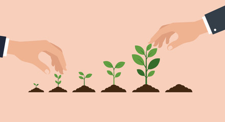 Business growth concept with hands nurturing growing plants in flat design