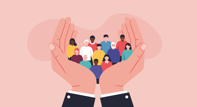Diverse community support concept: hands holding a multicultural group