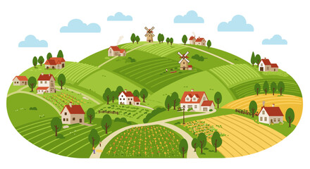 Picturesque countryside landscape with rolling hills and windmills